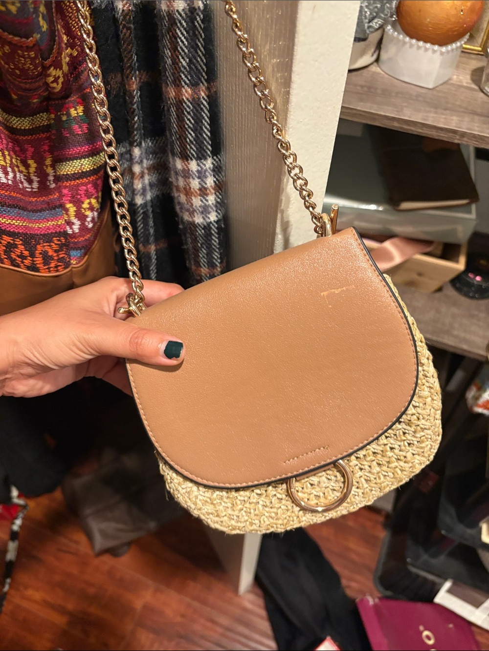 Tan Straw-Trim Crossbody Shoulder Bag